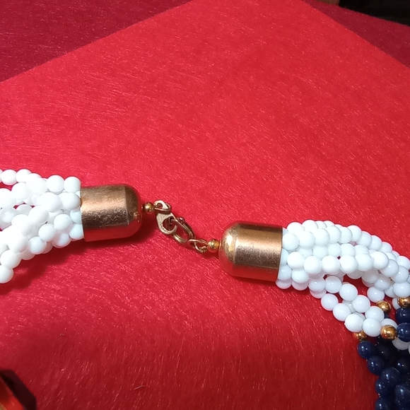 Navy & White Rope Bead Necklace Goldtone Accents AND Faux Gem Earrings - Picture 3 of 6